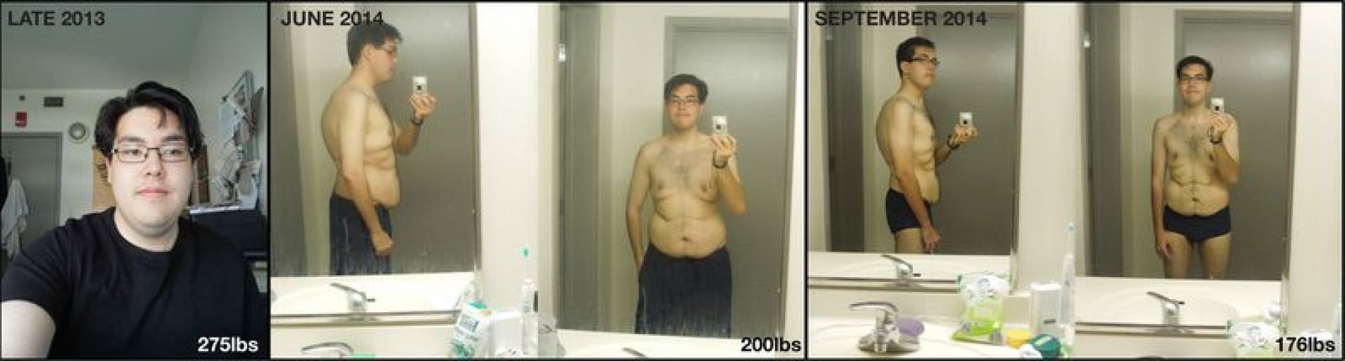 A before and after photo of a 5'11" male showing a weight reduction from 275 pounds to 176 pounds. A net loss of 99 pounds.
