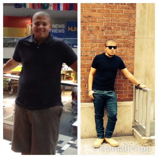 A before and after photo of a 5'9" male showing a weight reduction from 260 pounds to 195 pounds. A total loss of 65 pounds.