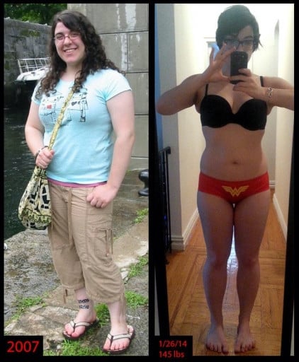 A before and after photo of a 5'3" female showing a weight reduction from 200 pounds to 145 pounds. A net loss of 55 pounds.