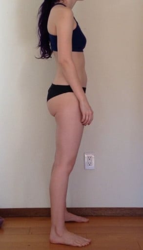 A before and after photo of a 5'2" female showing a snapshot of 112 pounds at a height of 5'2