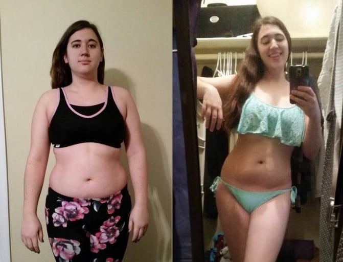 A picture of a 5'6" female showing a weight loss from 180 pounds to 150 pounds. A respectable loss of 30 pounds.