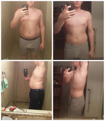 A progress pic of a 6'2" man showing a fat loss from 230 pounds to 190 pounds. A respectable loss of 40 pounds.