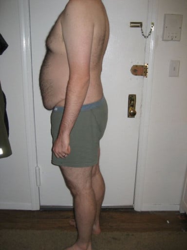 A before and after photo of a 6'4" male showing a snapshot of 242 pounds at a height of 6'4