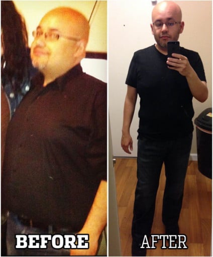 A before and after photo of a 5'3" male showing a weight reduction from 215 pounds to 165 pounds. A respectable loss of 50 pounds.