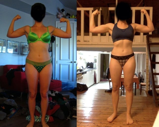 A picture of a 5'3" female showing a muscle gain from 120 pounds to 130 pounds. A net gain of 10 pounds.