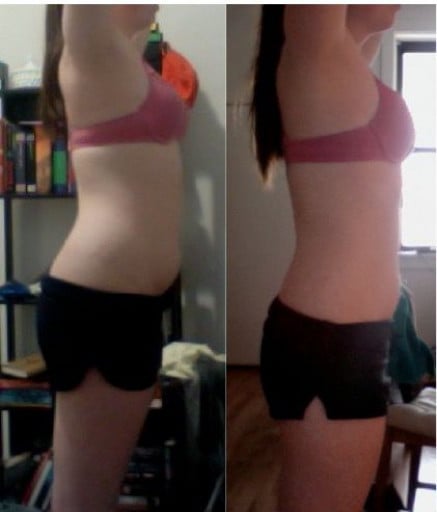 A progress pic of a 5'7" woman showing a weight reduction from 177 pounds to 150 pounds. A respectable loss of 27 pounds.