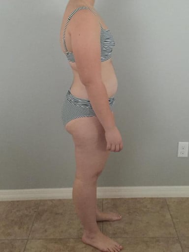 A before and after photo of a 5'4" female showing a snapshot of 171 pounds at a height of 5'4