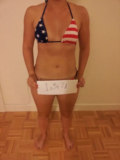 A before and after photo of a 5'2" female showing a snapshot of 129 pounds at a height of 5'2
