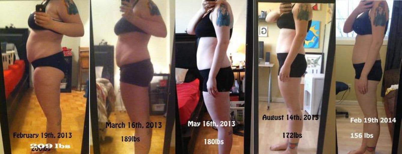 A before and after photo of a 5'8" female showing a weight reduction from 209 pounds to 156 pounds. A net loss of 53 pounds.