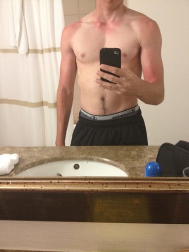 A picture of a 5'9" male showing a muscle gain from 130 pounds to 143 pounds. A respectable gain of 13 pounds.