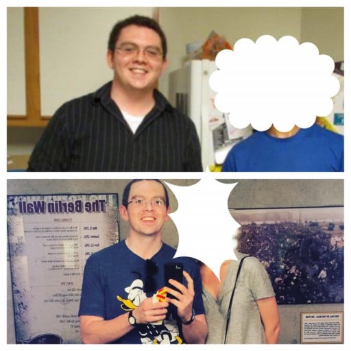A before and after photo of a 5'11" male showing a weight reduction from 270 pounds to 188 pounds. A net loss of 82 pounds.