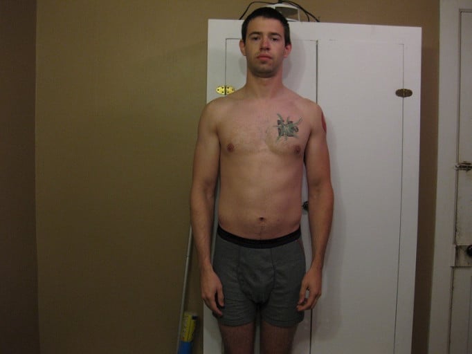 A before and after photo of a 5'11" male showing a snapshot of 160 pounds at a height of 5'11