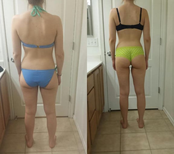 A before and after photo of a 5'8" female showing a snapshot of 138 pounds at a height of 5'8