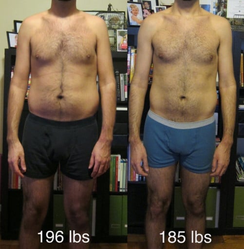 A picture of a 6'4" male showing a fat loss from 196 pounds to 185 pounds. A net loss of 11 pounds.