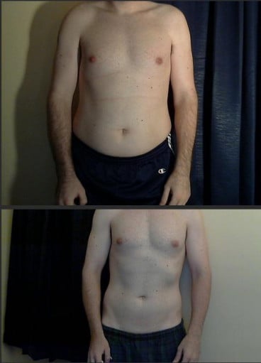 A before and after photo of a 5'11" male showing a weight reduction from 220 pounds to 180 pounds. A total loss of 40 pounds.