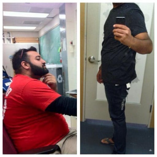 A progress pic of a 5'10" man showing a fat loss from 247 pounds to 191 pounds. A net loss of 56 pounds.