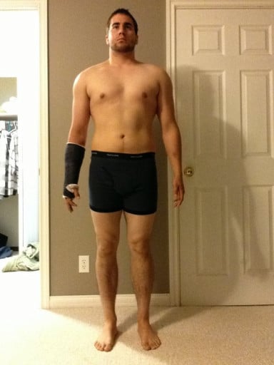 A before and after photo of a 5'8" male showing a fat loss from 196 pounds to 185 pounds. A net loss of 11 pounds.