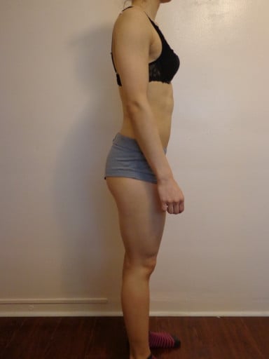 A before and after photo of a 5'6" female showing a snapshot of 129 pounds at a height of 5'6