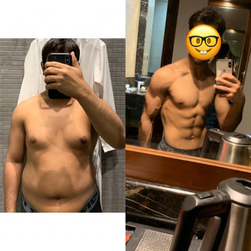 A progress pic of a 5'4" man showing a fat loss from 150 pounds to 124 pounds. A total loss of 26 pounds.