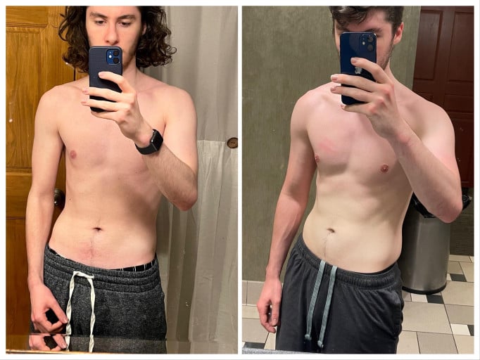 A progress pic of a 5'10" man showing a muscle gain from 145 pounds to 155 pounds. A respectable gain of 10 pounds.