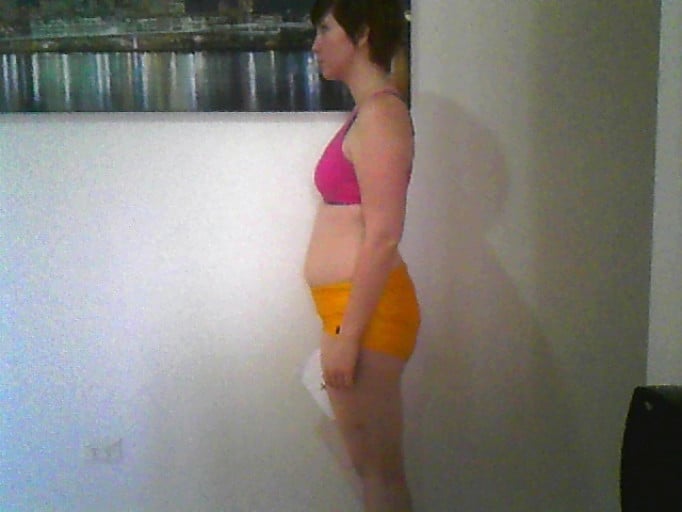 A photo of a 5'7" woman showing a snapshot of 156 pounds at a height of 5'7
