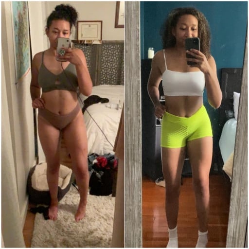 A before and after photo of a 5'9" female showing a weight reduction from 185 pounds to 160 pounds. A net loss of 25 pounds.