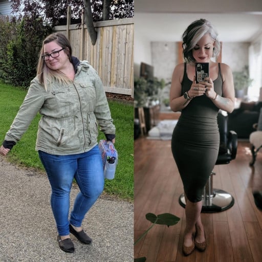 A before and after photo of a 5'2" female showing a weight reduction from 255 pounds to 120 pounds. A net loss of 135 pounds.
