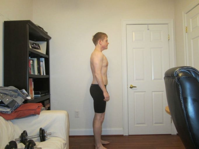 A photo of a 5'7" man showing a weight loss from 158 pounds to 146 pounds. A respectable loss of 12 pounds.