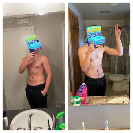 A progress pic of a 6'0" man showing a weight gain from 170 pounds to 184 pounds. A respectable gain of 14 pounds.