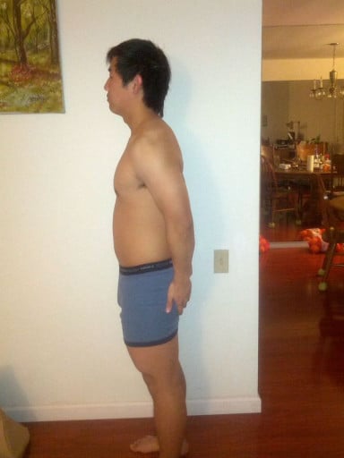 A before and after photo of a 5'8" male showing a snapshot of 173 pounds at a height of 5'8