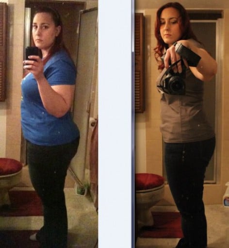 A photo of a 5'8" woman showing a weight cut from 250 pounds to 204 pounds. A respectable loss of 46 pounds.