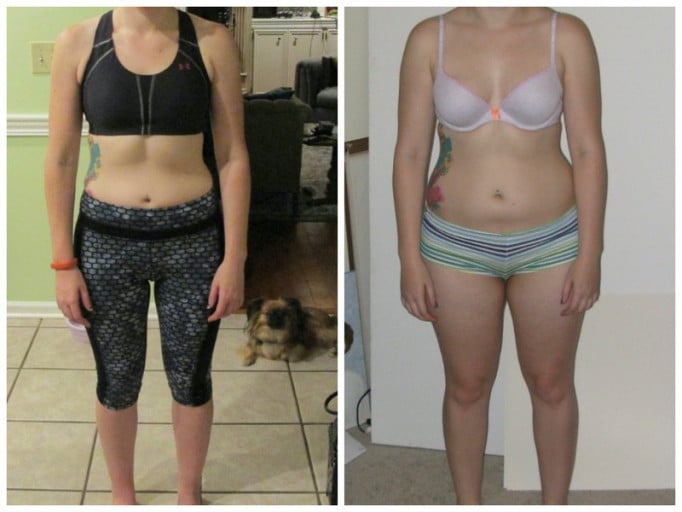 A before and after photo of a 5'3" female showing a weight cut from 155 pounds to 128 pounds. A net loss of 27 pounds.