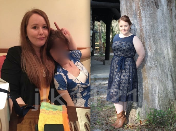 A before and after photo of a 5'4" female showing a weight loss from 255 pounds to 197 pounds. A total loss of 58 pounds.