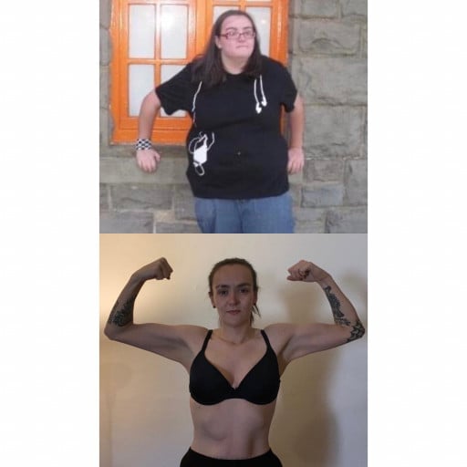 A photo of a 5'4" woman showing a weight cut from 224 pounds to 126 pounds. A net loss of 98 pounds.