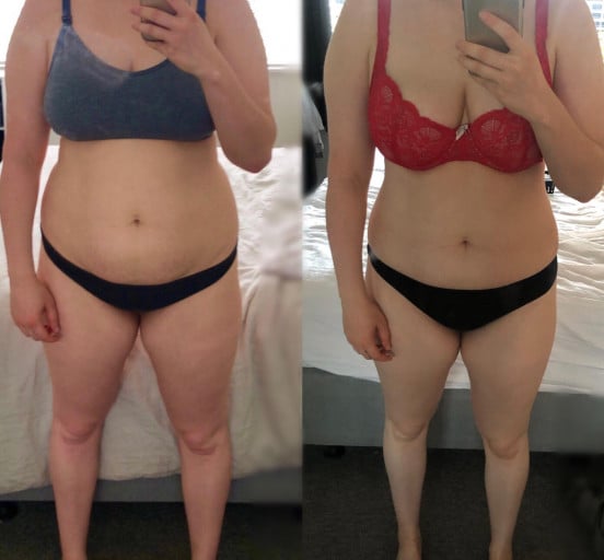 A before and after photo of a 5'5" female showing a weight reduction from 167 pounds to 160 pounds. A total loss of 7 pounds.