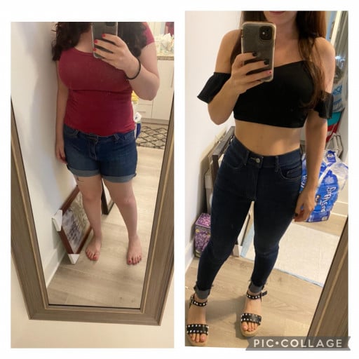 A before and after photo of a 5'3" female showing a weight reduction from 186 pounds to 119 pounds. A net loss of 67 pounds.