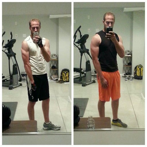 A before and after photo of a 6'6" male showing a weight bulk from 165 pounds to 195 pounds. A respectable gain of 30 pounds.