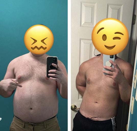 A picture of a 5'8" male showing a weight loss from 220 pounds to 184 pounds. A total loss of 36 pounds.