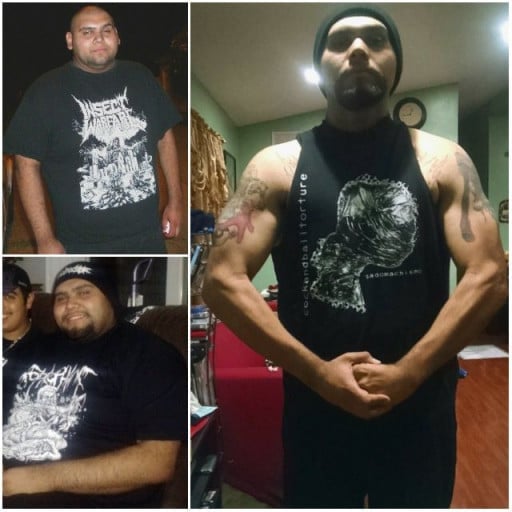 A before and after photo of a 6'2" male showing a weight reduction from 345 pounds to 220 pounds. A respectable loss of 125 pounds.