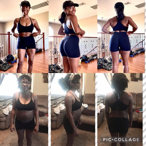 A progress pic of a 5'0" woman showing a fat loss from 122 pounds to 116 pounds. A net loss of 6 pounds.