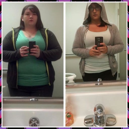 A before and after photo of a 5'6" female showing a weight loss from 321 pounds to 220 pounds. A total loss of 101 pounds.