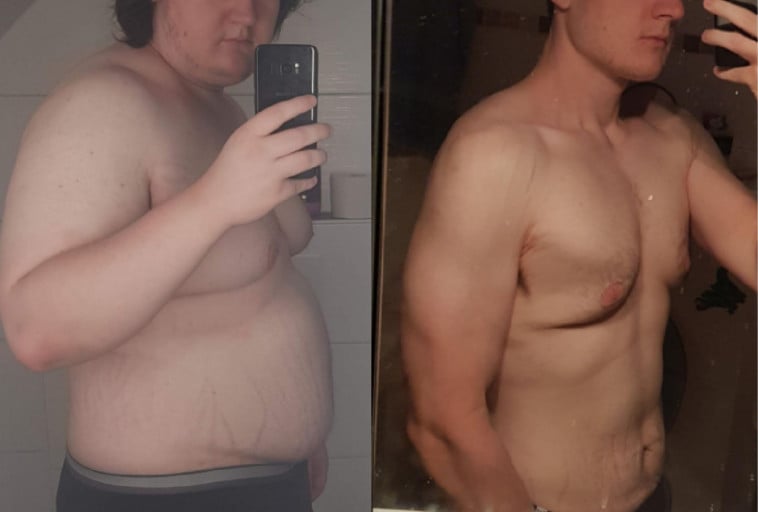 A progress pic of a 6'0" man showing a fat loss from 333 pounds to 183 pounds. A respectable loss of 150 pounds.