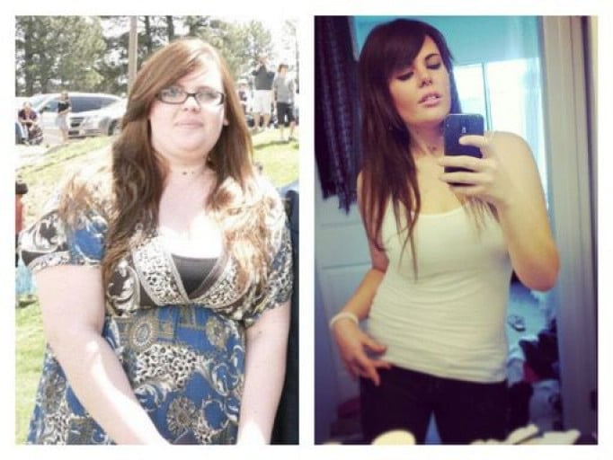 A progress pic of a 5'6" woman showing a fat loss from 270 pounds to 170 pounds. A respectable loss of 100 pounds.