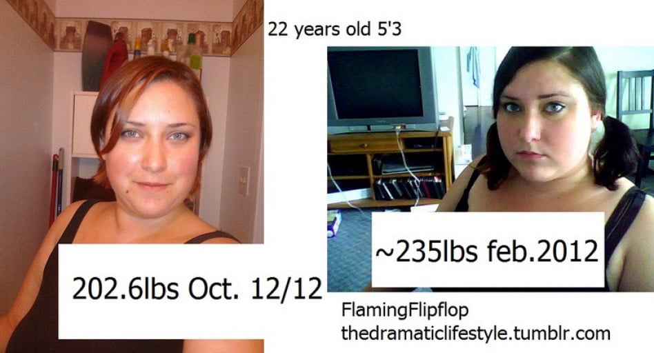 A picture of a 5'3" female showing a weight loss from 235 pounds to 202 pounds. A net loss of 33 pounds.