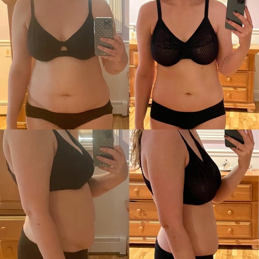 A before and after photo of a 5'6" female showing a weight reduction from 185 pounds to 150 pounds. A total loss of 35 pounds.