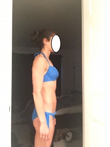 A photo of a 5'5" woman showing a snapshot of 113 pounds at a height of 5'5