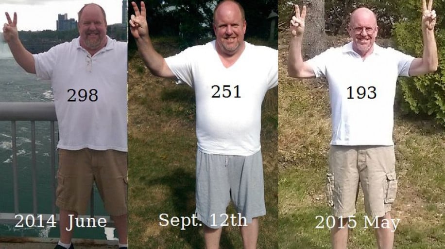 A photo of a 5'11" man showing a fat loss from 298 pounds to 216 pounds. A respectable loss of 82 pounds.