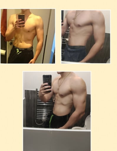 A progress pic of a 6'1" man showing a weight gain from 194 pounds to 200 pounds. A net gain of 6 pounds.