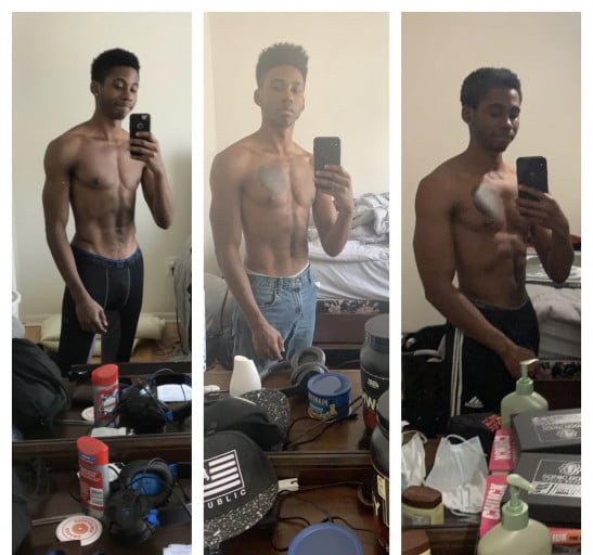 A progress pic of a 5'7" man showing a muscle gain from 128 pounds to 148 pounds. A respectable gain of 20 pounds.