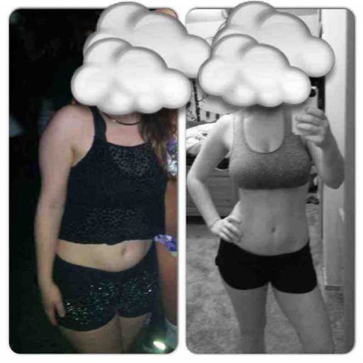 A photo of a 5'3" woman showing a weight cut from 135 pounds to 128 pounds. A respectable loss of 7 pounds.